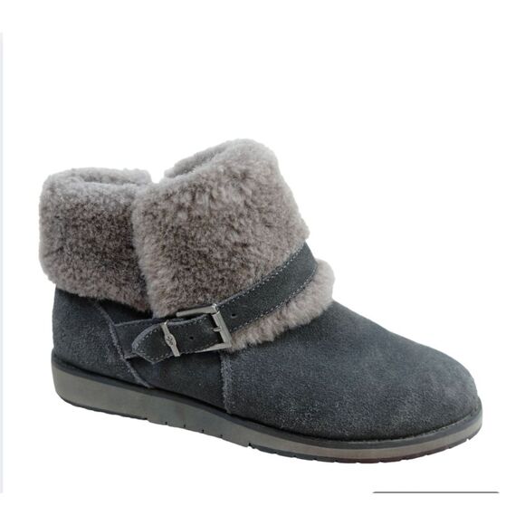 Emu Australia Ankle Boots Women's‎ Sz 8 Grey Oxley Fur Cuff Suede Merino - Picture 1 of 11